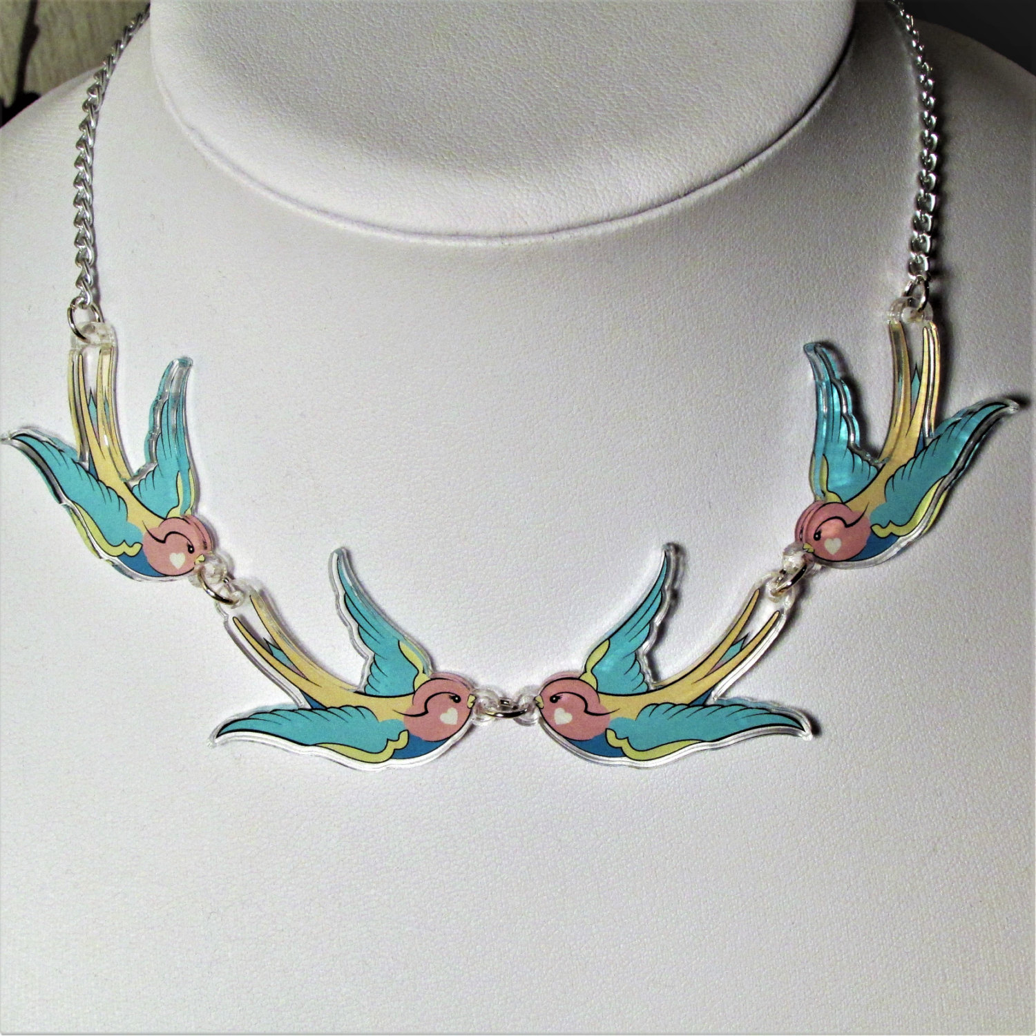Flying Swallows Statement Bird Tattoo Necklace Pastel Blue Etsy intended for dimensions 1500 X 1500