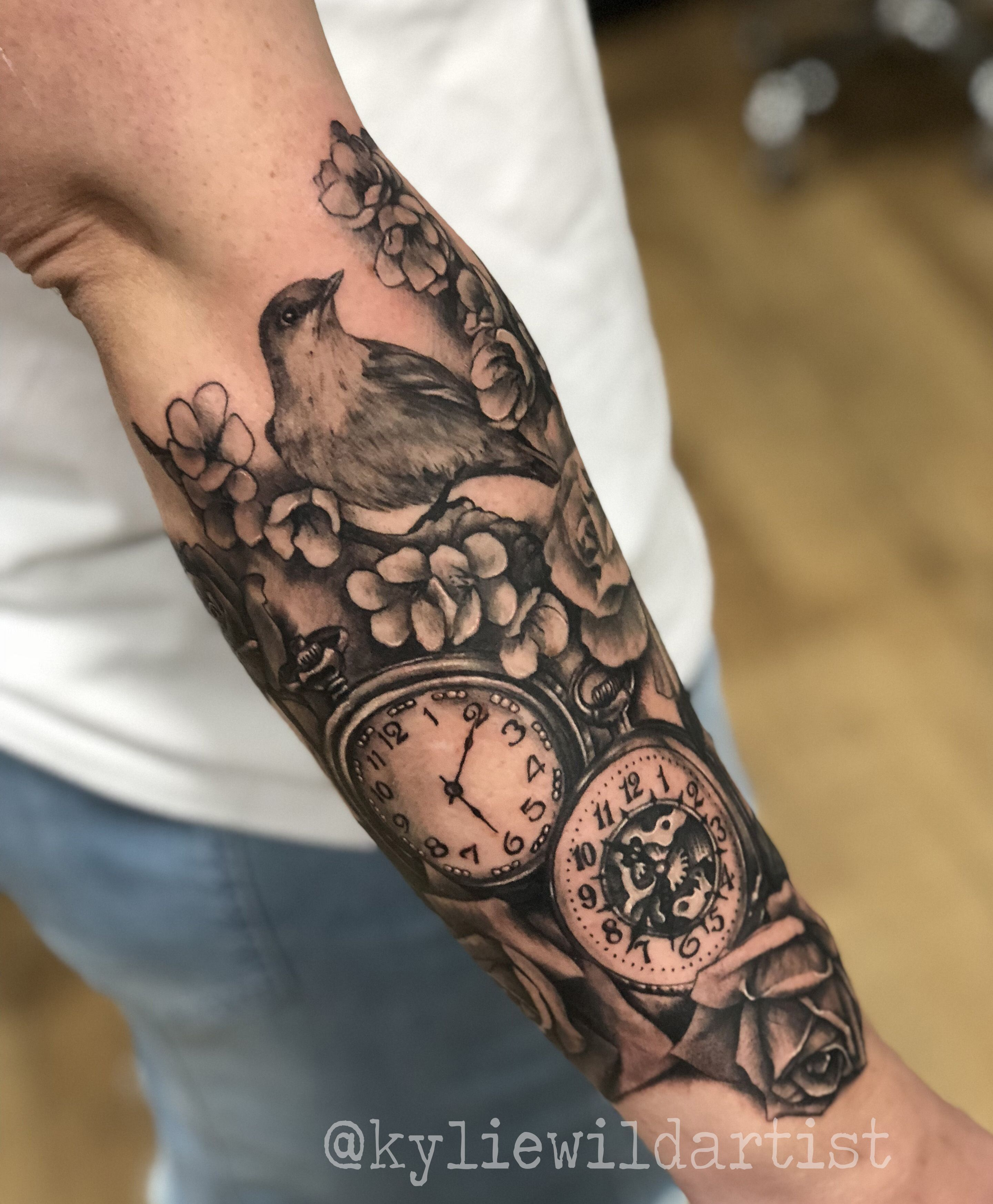 Forearm Tattoo Of Pocket Watch Clock With Roses Cherry Blossoms And pertaining to measurements 2880 X 3492