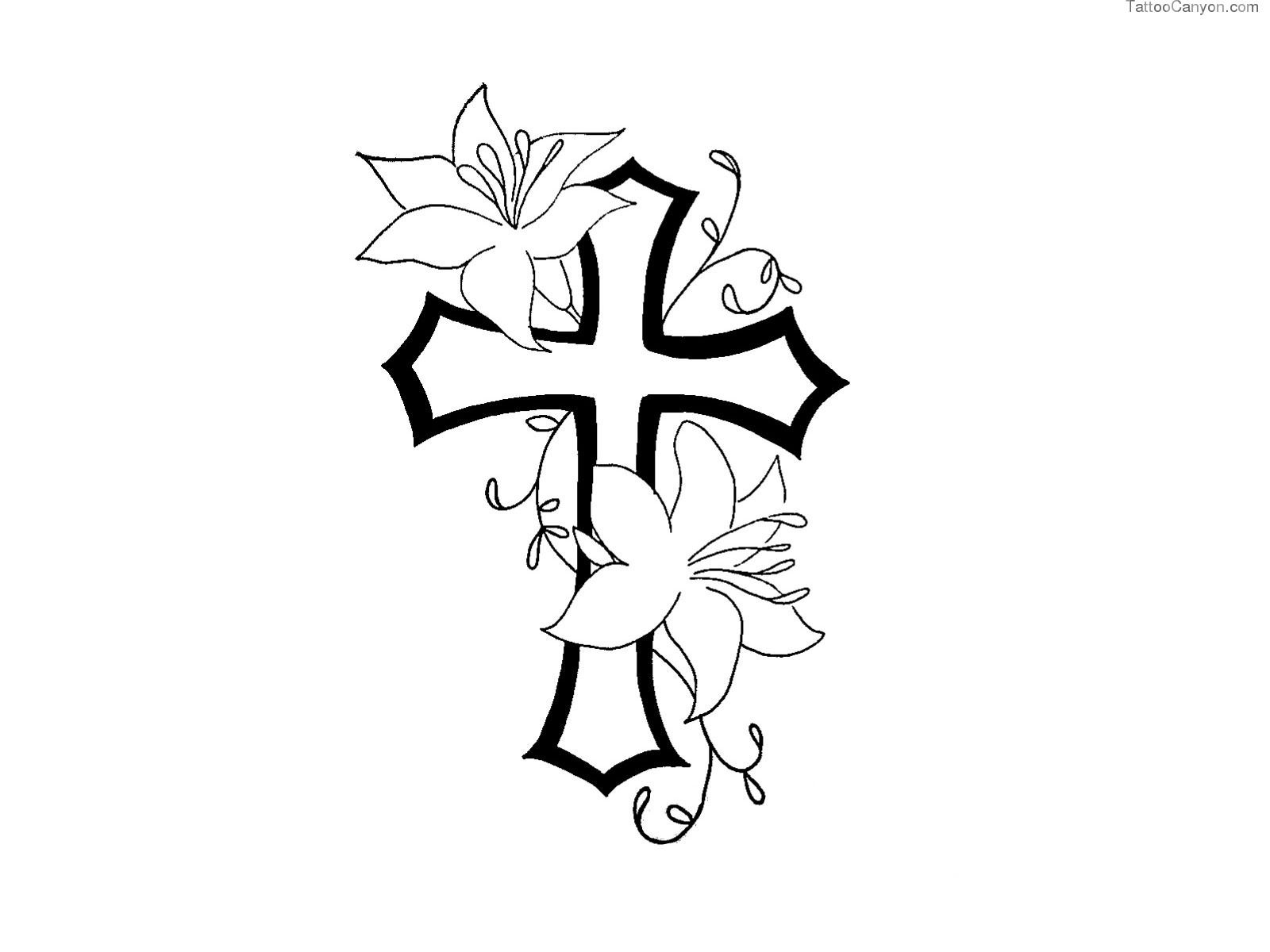 Free Designs Cross With Flower Contour Tattoo Wallpaper Picture intended for dimensions 1600 X 1200