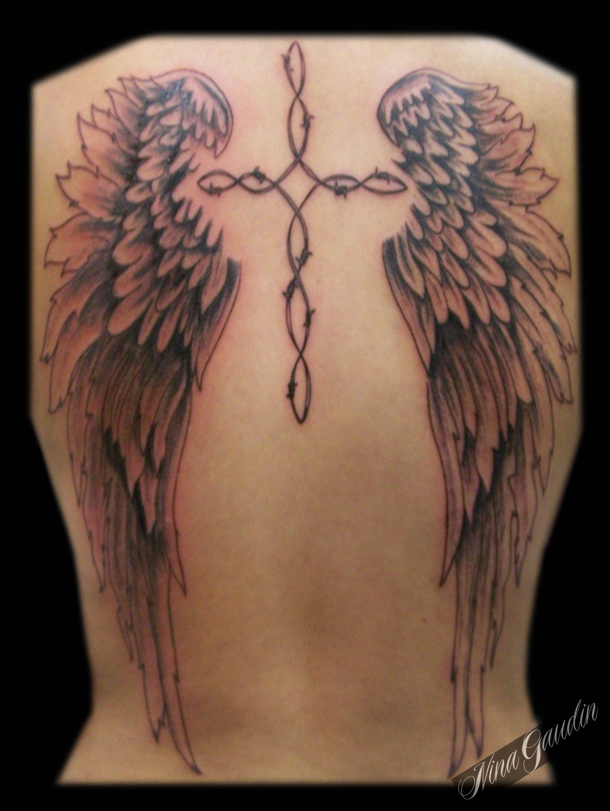 Full Back Religious Wings With Cross Black Grey Tattoo Nina regarding sizing 2128 X 2832