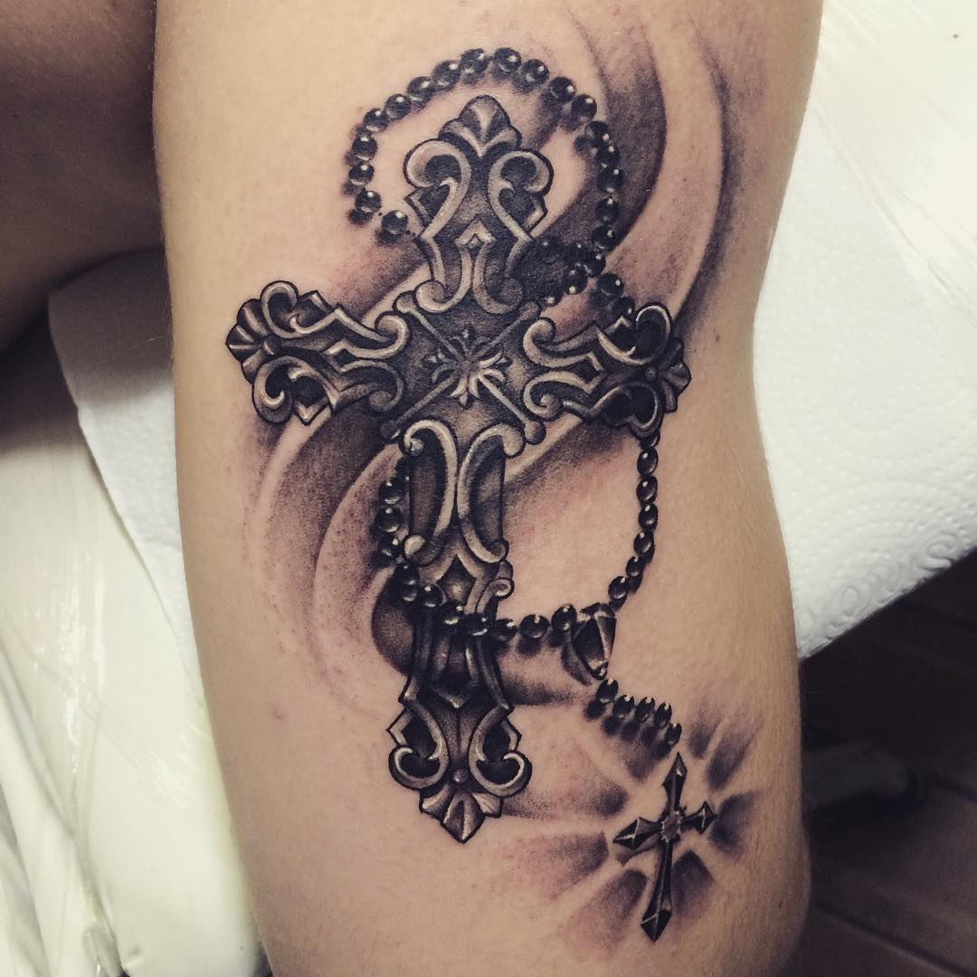 Grey And Black Shaded Cross Chain With Cross Tattoo On Body throughout sizing 1080 X 1080