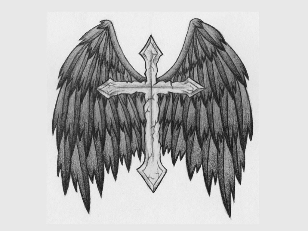 Grey Ink Angel Wings With Cross Tattoo Design in size 1024 X 768