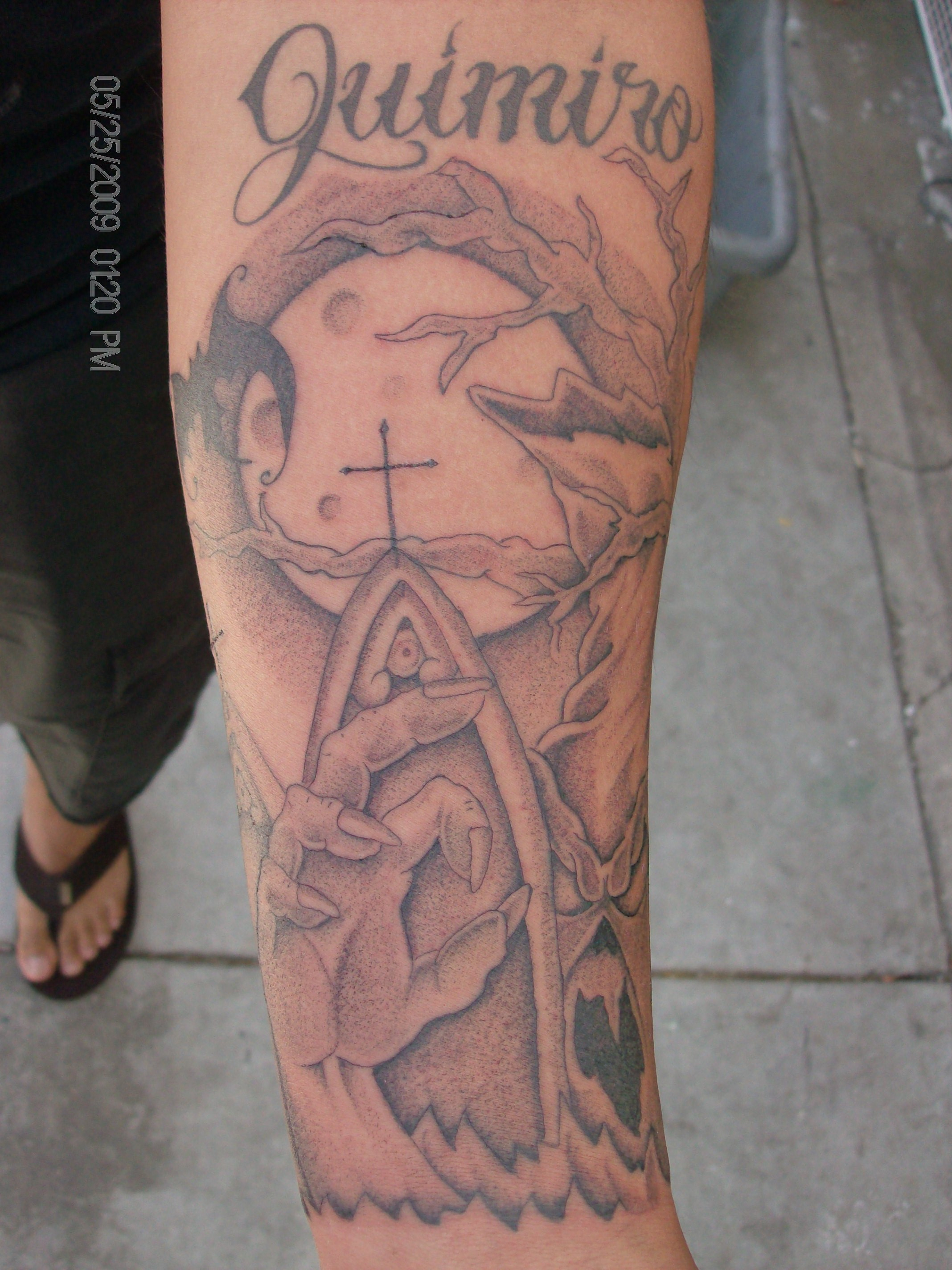 Grey Ink Graveyard Cross Tattoo On Left Forearm intended for dimensions 2136 X 2848