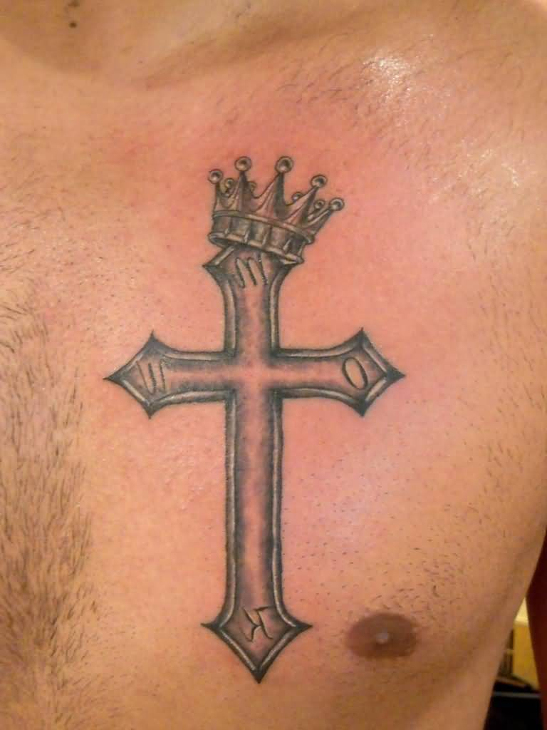 Grey Shaded Cross With Crown Tattoo On Left Upper Chest For Men within proportions 768 X 1024