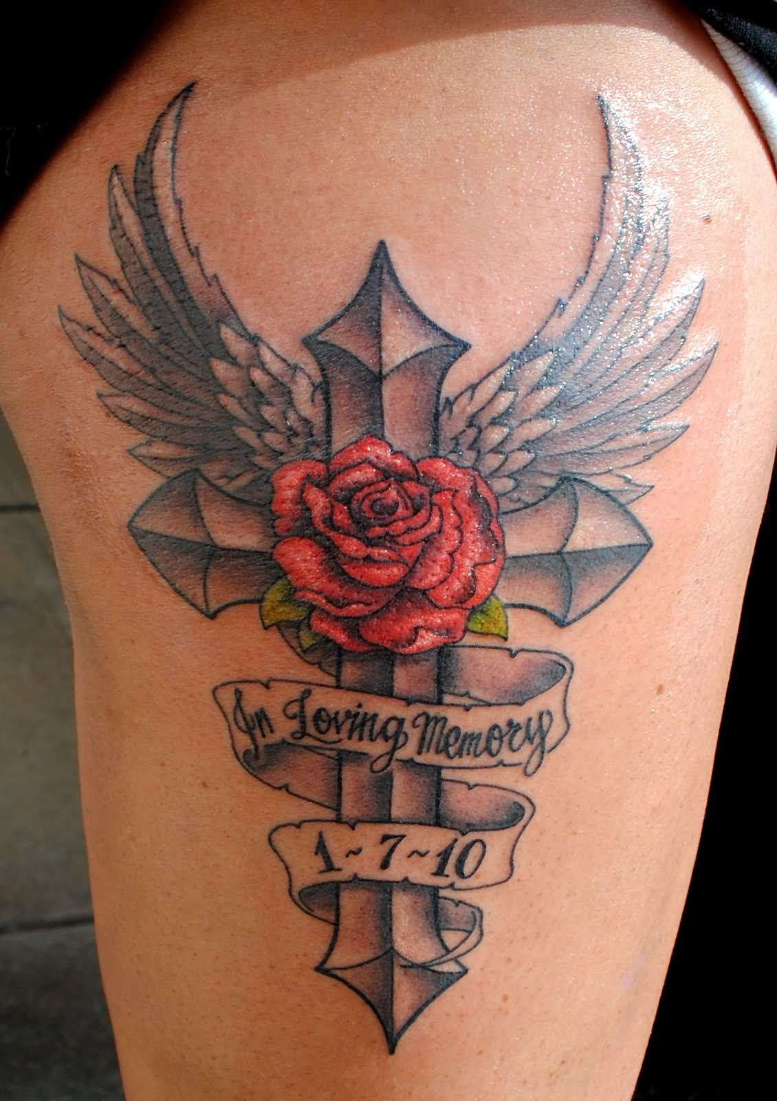 In Loving Memory With Cross Angel Wings Tattoo inside measurements 1130 X 1600