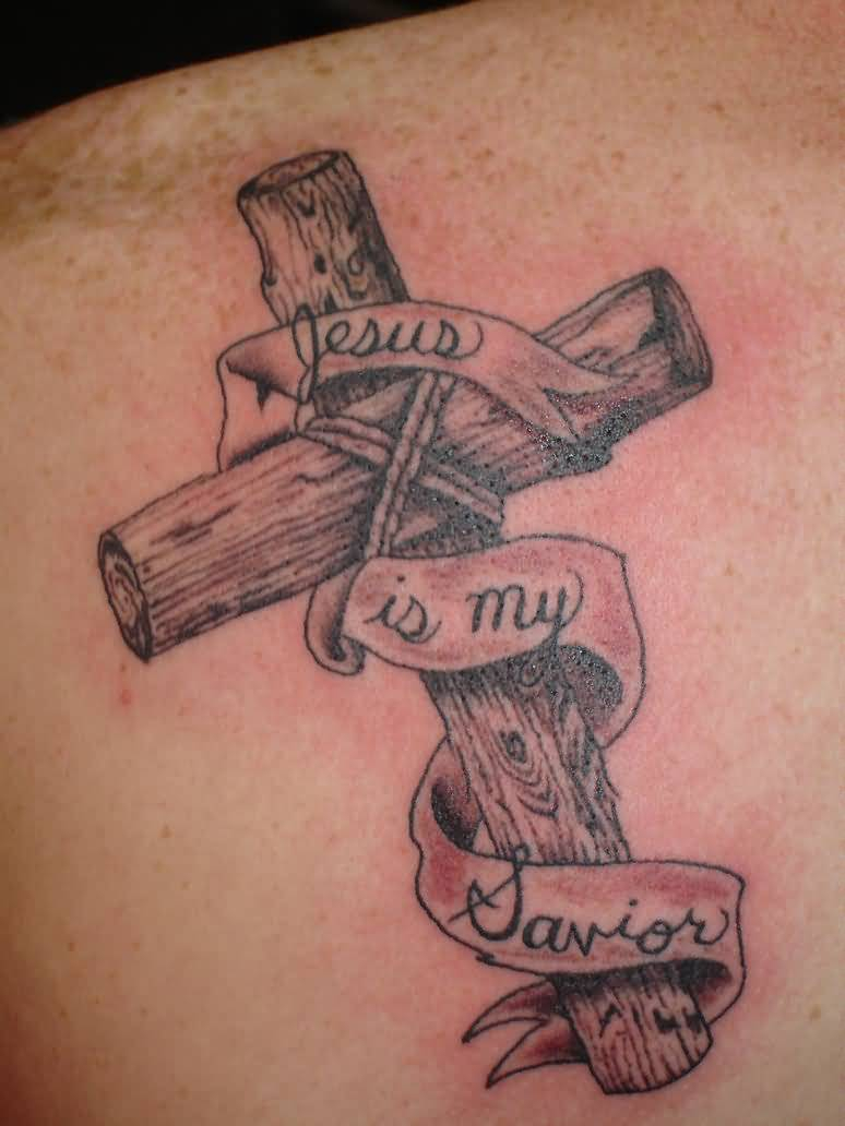 Innovative Jesus Savior Banner And Cross Tattoo On Back Shoulder inside size 774 X 1032