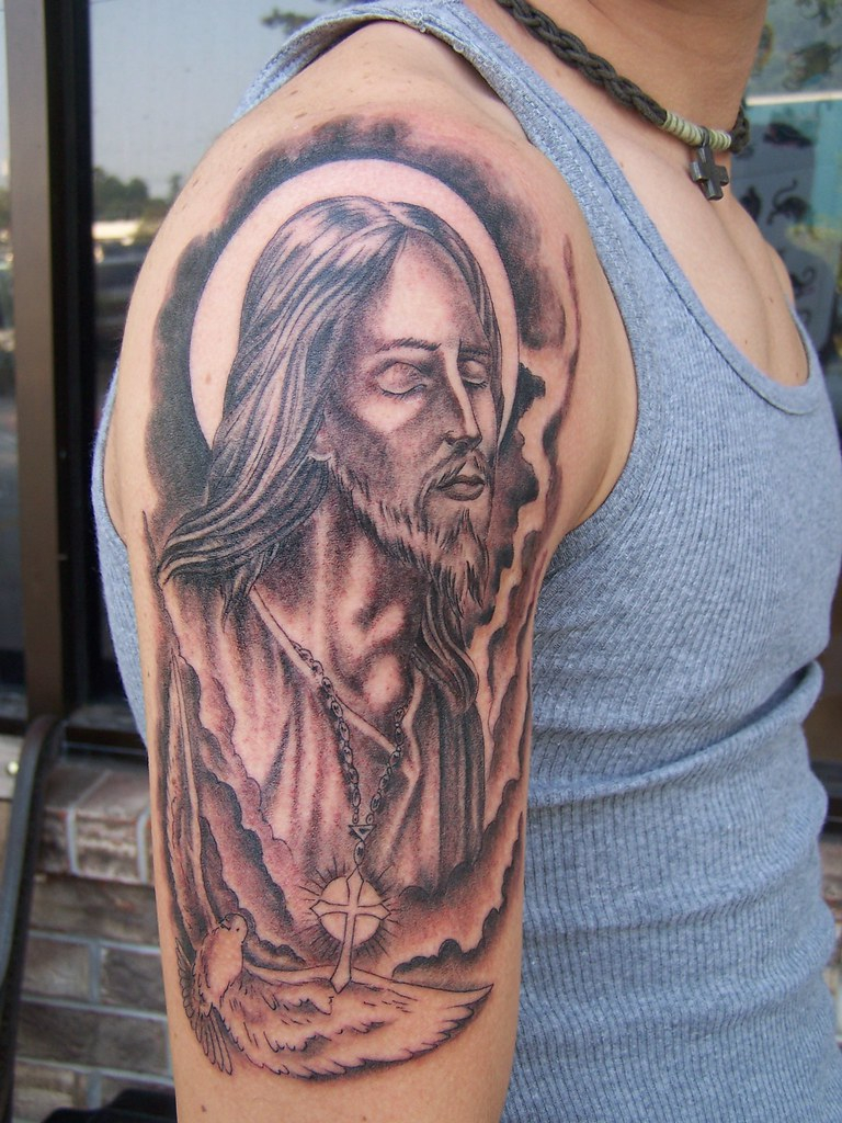 Jesus Tattoo This Religious Tattoo Of Jesus And A Dove Was Flickr for sizing 768 X 1024