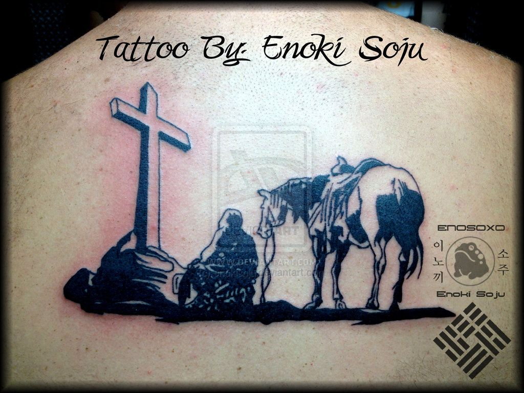 Kneeling Cowboy Horse Cross Tattoo Enoki Soju Enokisoju for measurements 1024 X 768