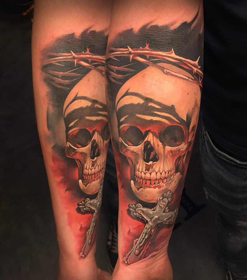 Latest 3d Skull With Cross Tattoo On Left Forearm within sizing 846 X 960