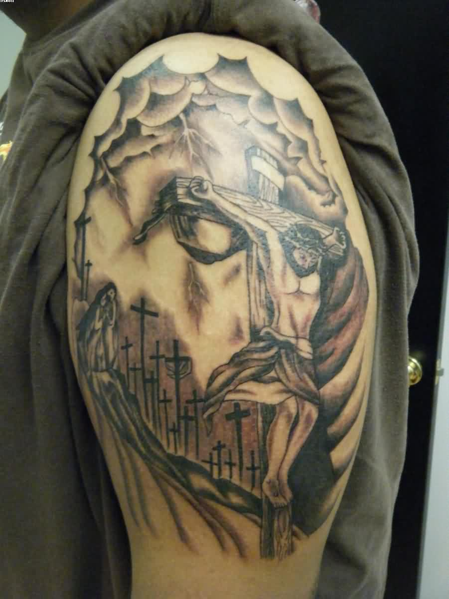 Left Shoulder Grey Ink Jesus Tattoo Idea throughout size 901 X 1200