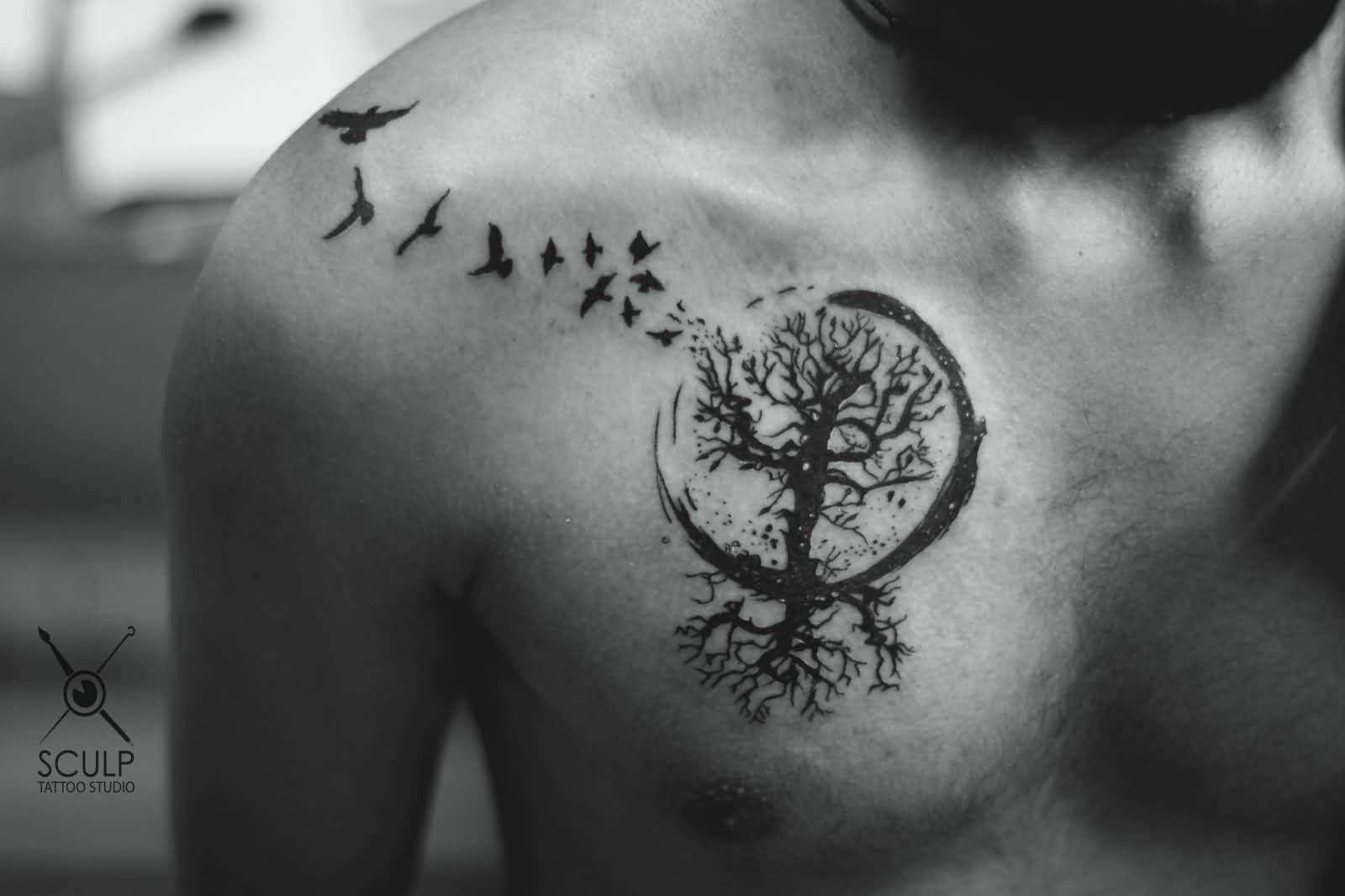 Men Chest Pagan Tree In Circle With Flying Birds Tattoo Golfian within size 1600 X 1066