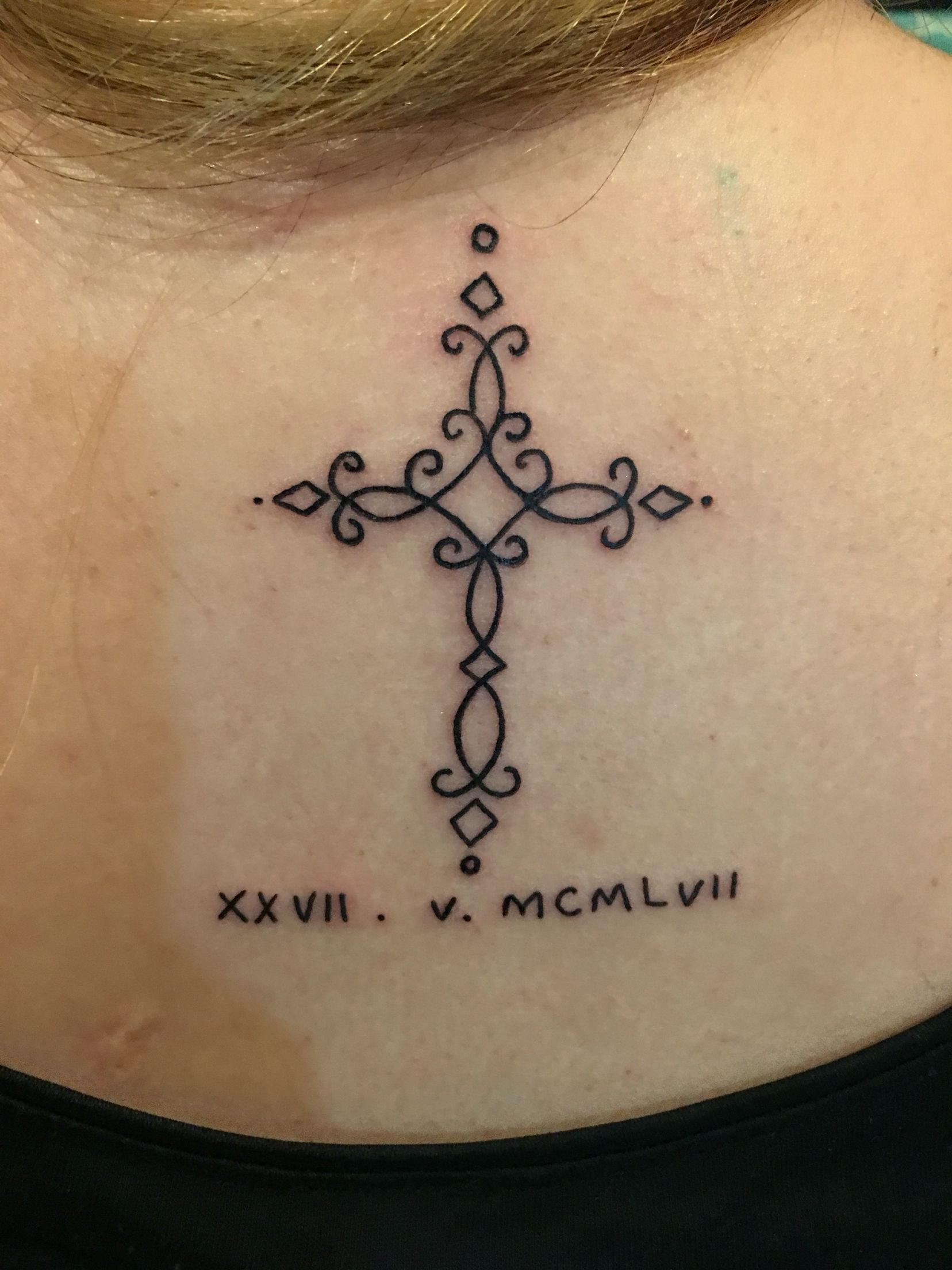 My 2nd Tattoo Cross With My Dads Birthday In Roman Numerals within size 1656 X 2208