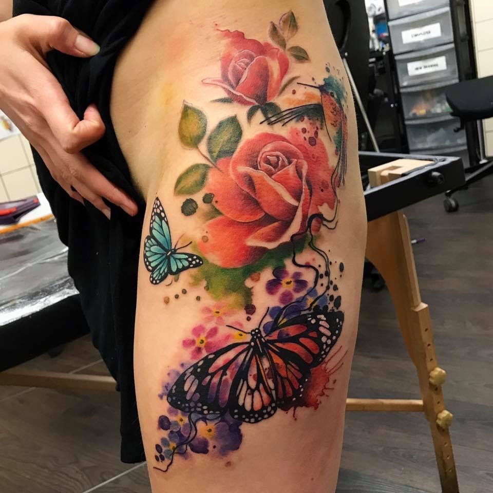 My Hip Tattoo With Roses Butterflies Watercolour Humming Bird throughout size 960 X 960