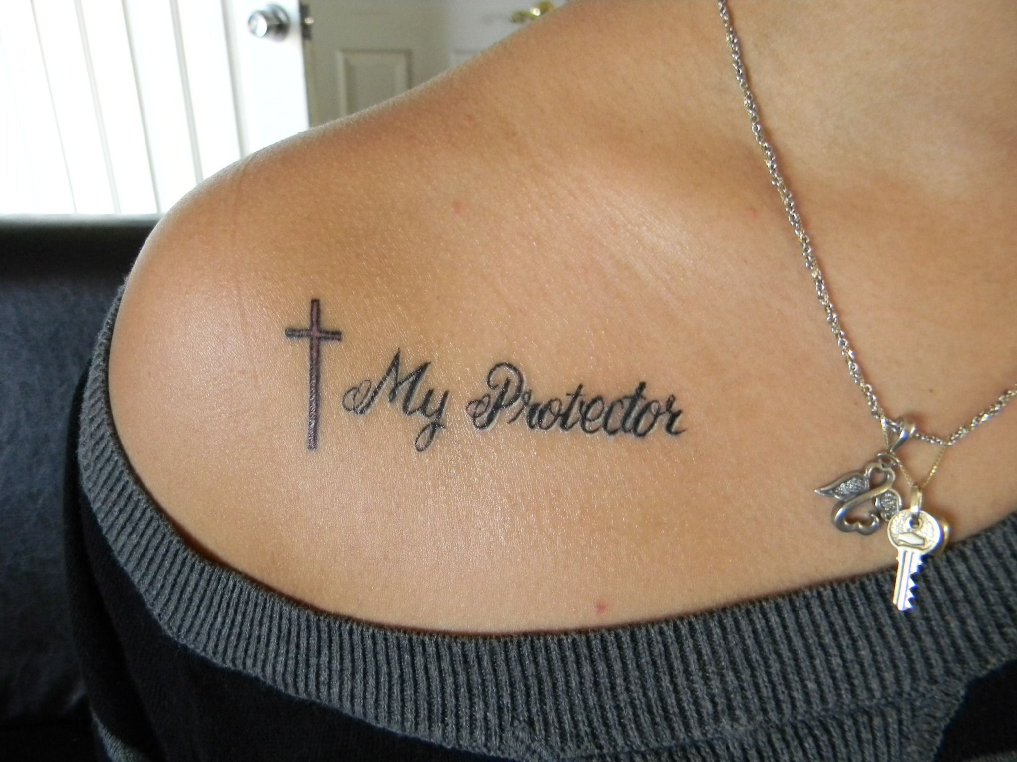 My New Tattoo Cross With The Words My Protector Black Ink With White with regard to size 2048 X 1536