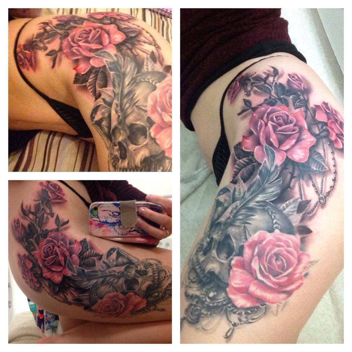 My Thighhip Tattoo Roses Skull Bird Realistic Floral Tattoo pertaining to dimensions 1136 X 1136