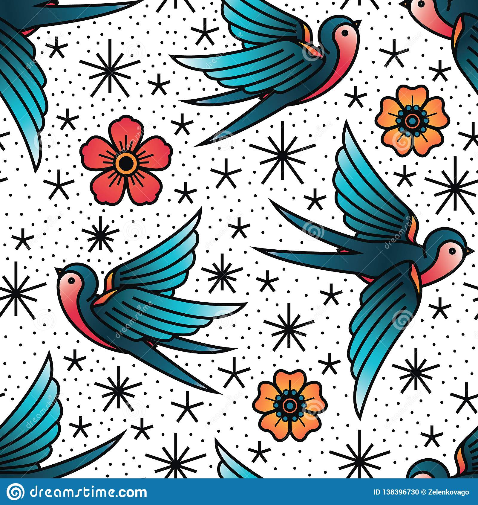 Oldschool Traditional Tattoo Vector Birds And Flowers Pattern Stock with regard to dimensions 1600 X 1689