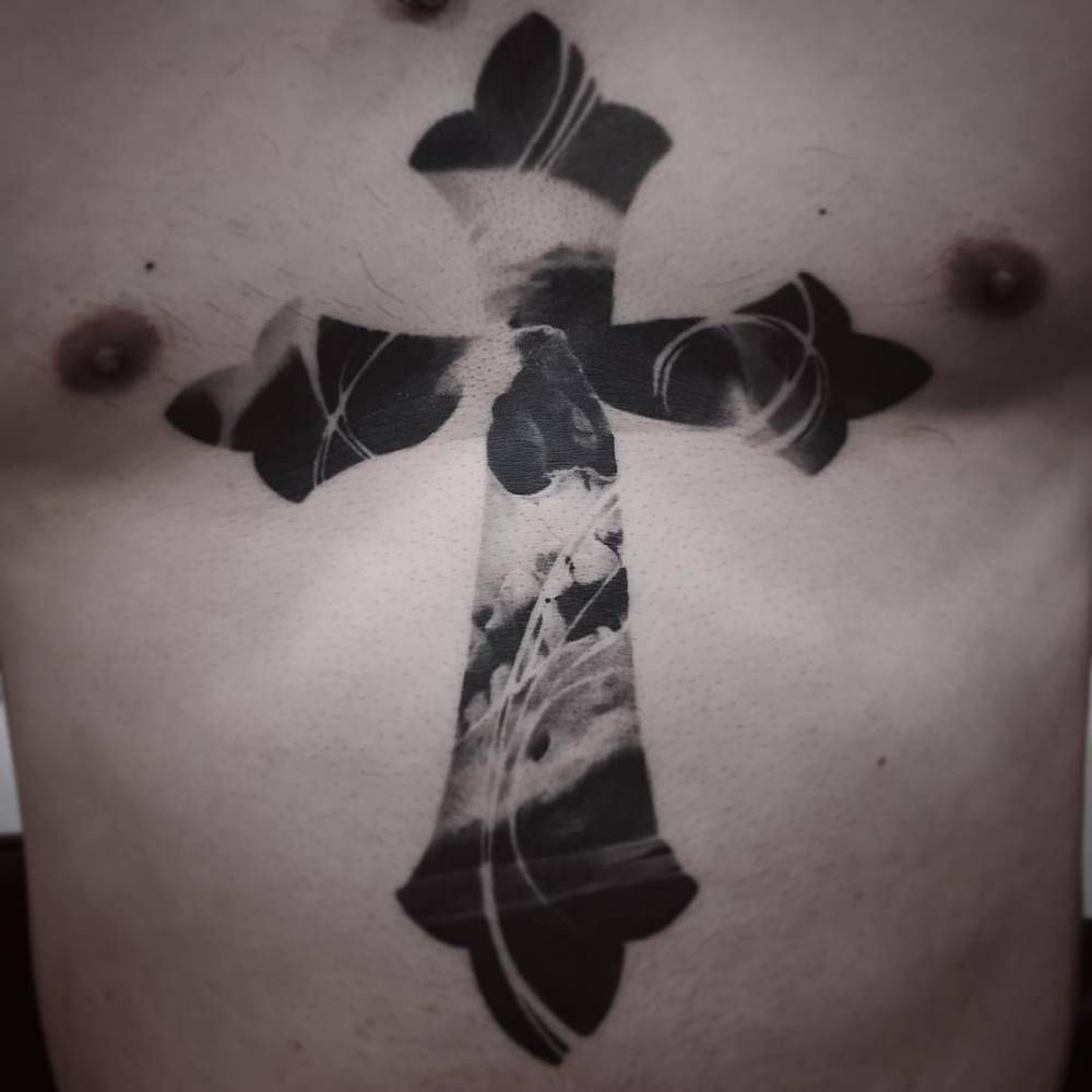 One Year Healed Double Exposure Cross Tattoo On The Sternum Tattoos within sizing 1000 X 1000