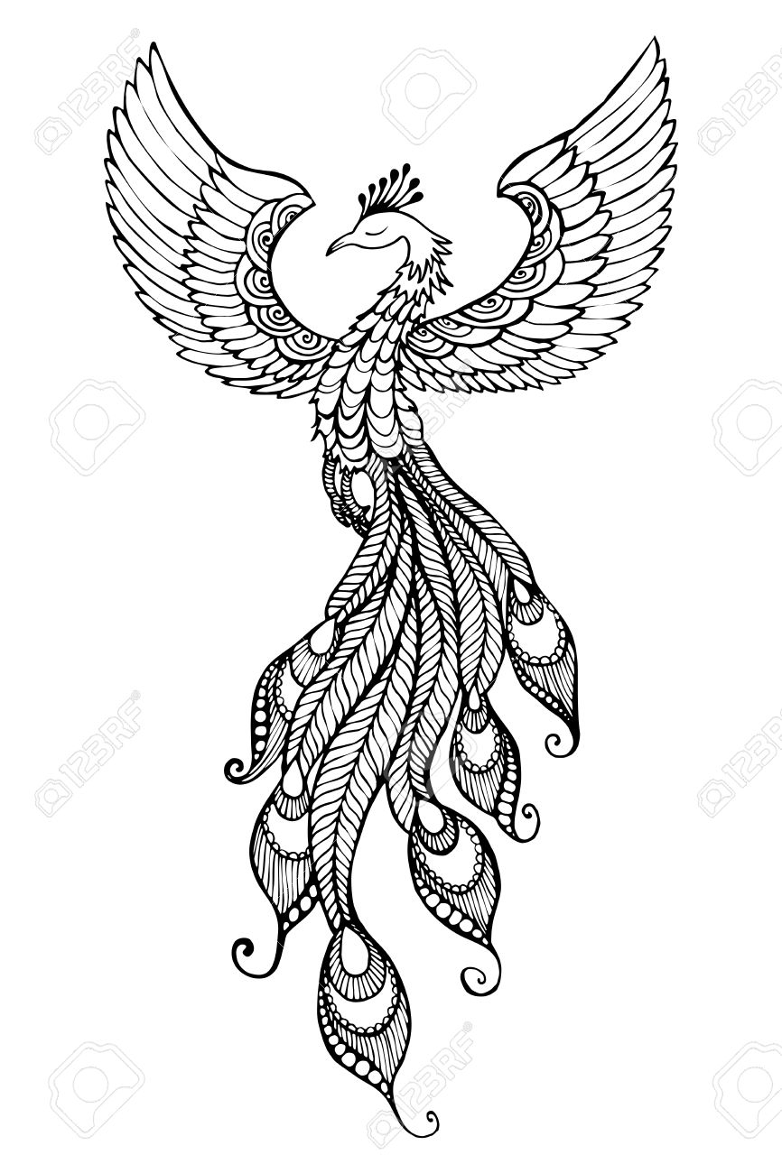 Phoenix Bird Emblem Drawn In Tattoo Style Royalty Free Cliparts intended for proportions 866 X 1300