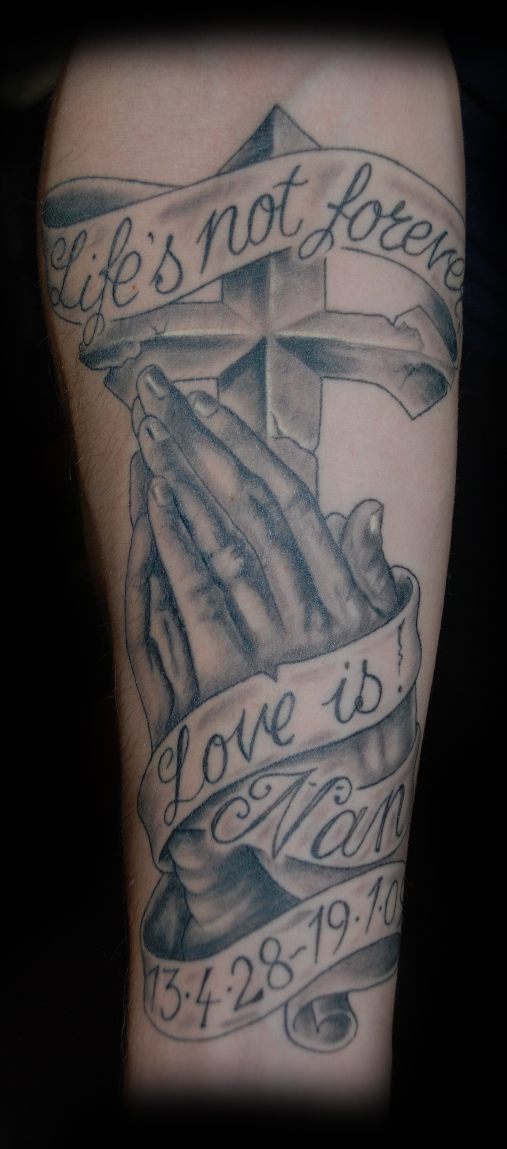 Praying Hands Cross Banner Tattoo Tattoo Ideas for measurements 1672 X 3784