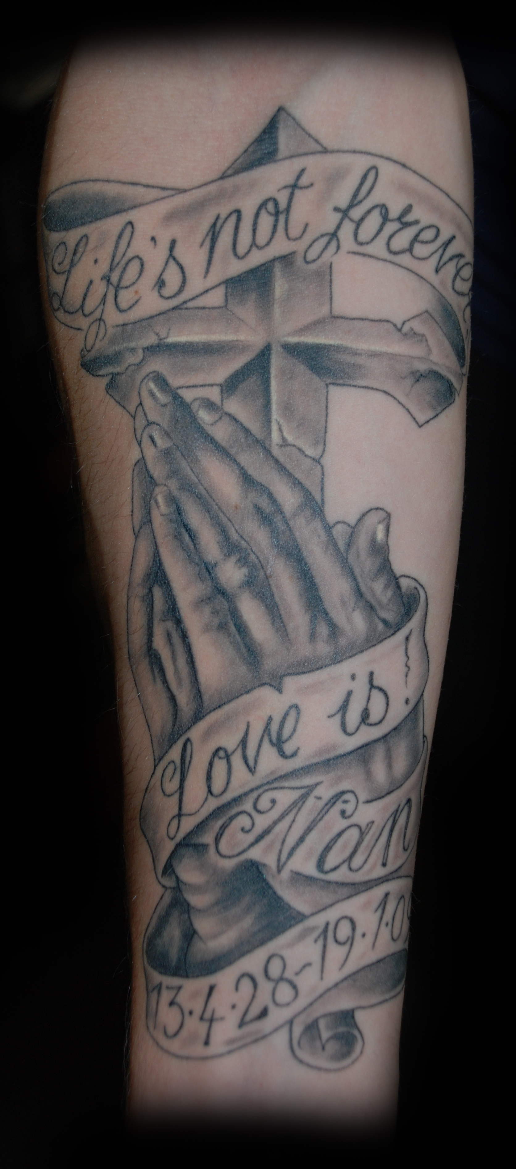 Praying Hands Cross Banner Tattoo Tattoo Ideas within proportions 1672 X 3784