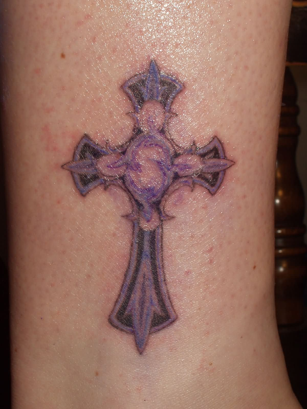 Purple Ink Cross Tattoo On Leg regarding sizing 1200 X 1600