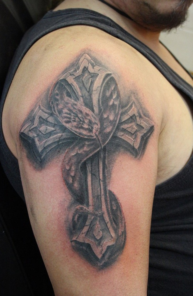 Realistic Stone Cross And Snake Around It Tattoo On Half Sleeve inside sizing 800 X 1221