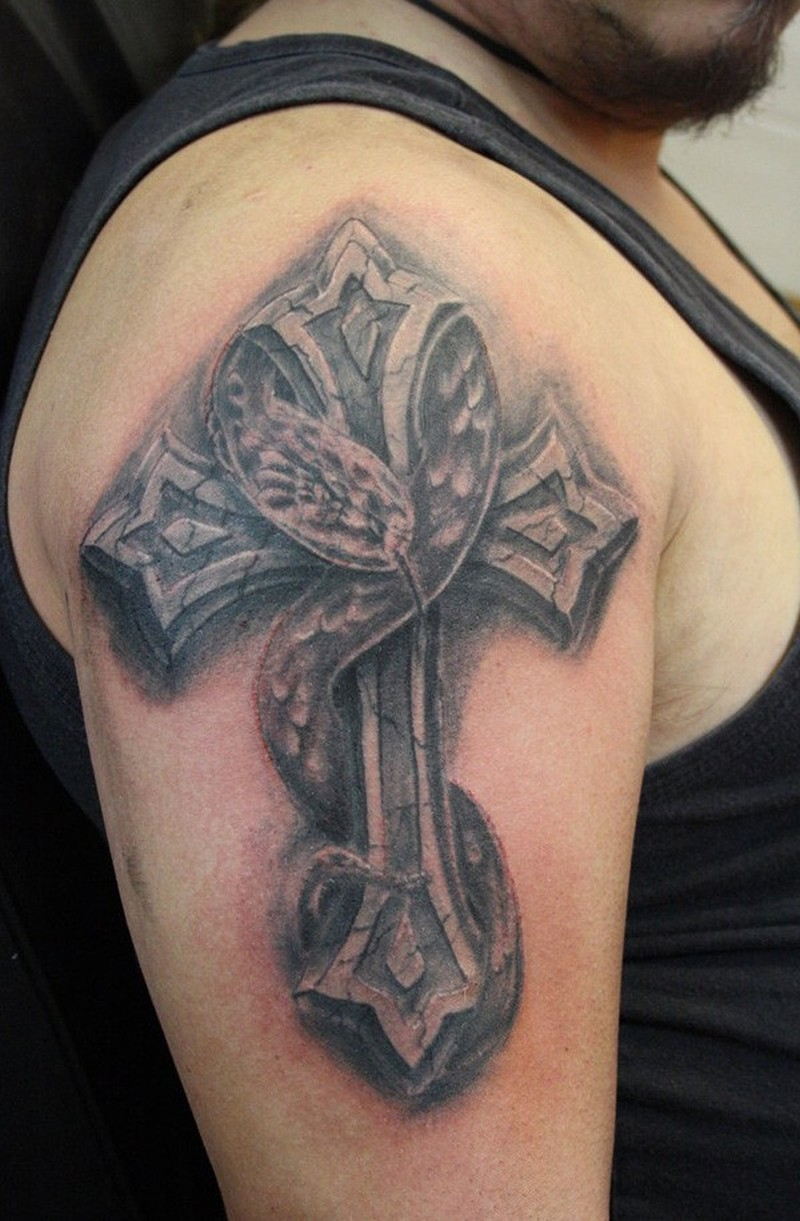 Realistic Stone Cross And Snake Around It Tattoo On Half Sleeve intended for measurements 800 X 1221