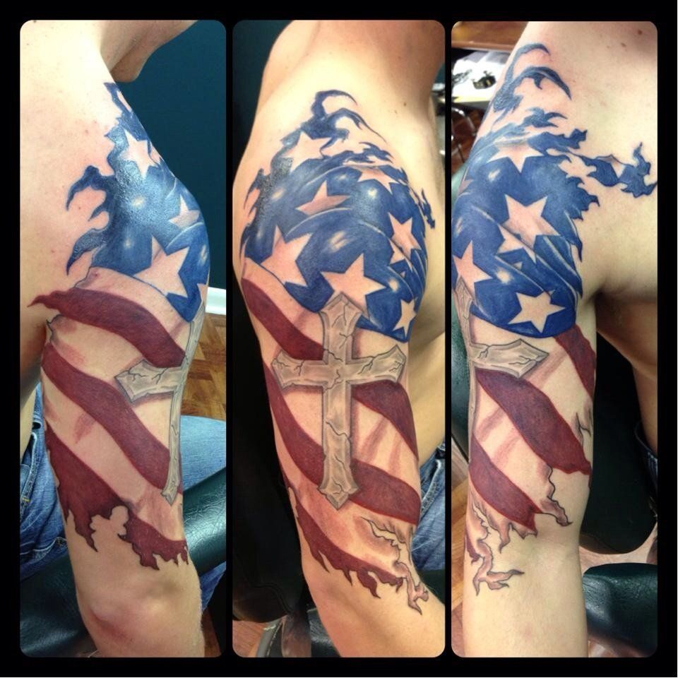 Ripped American Flag With Cross Halfsleeve Color Tattoo Tattooed in sizing 960 X 960