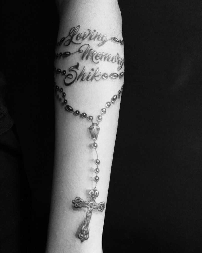 Rosary Beads Tattoo On A Arm With Cross As A Memorial Piece with regard to dimensions 799 X 999