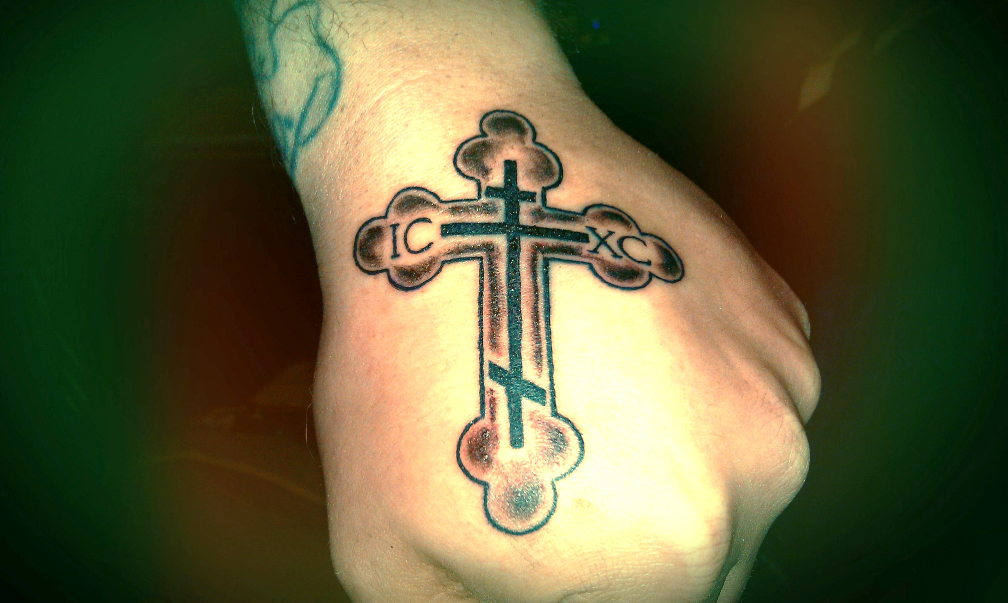 Russian Cross Tattoo On Left Hand within measurements 3264 X 1952