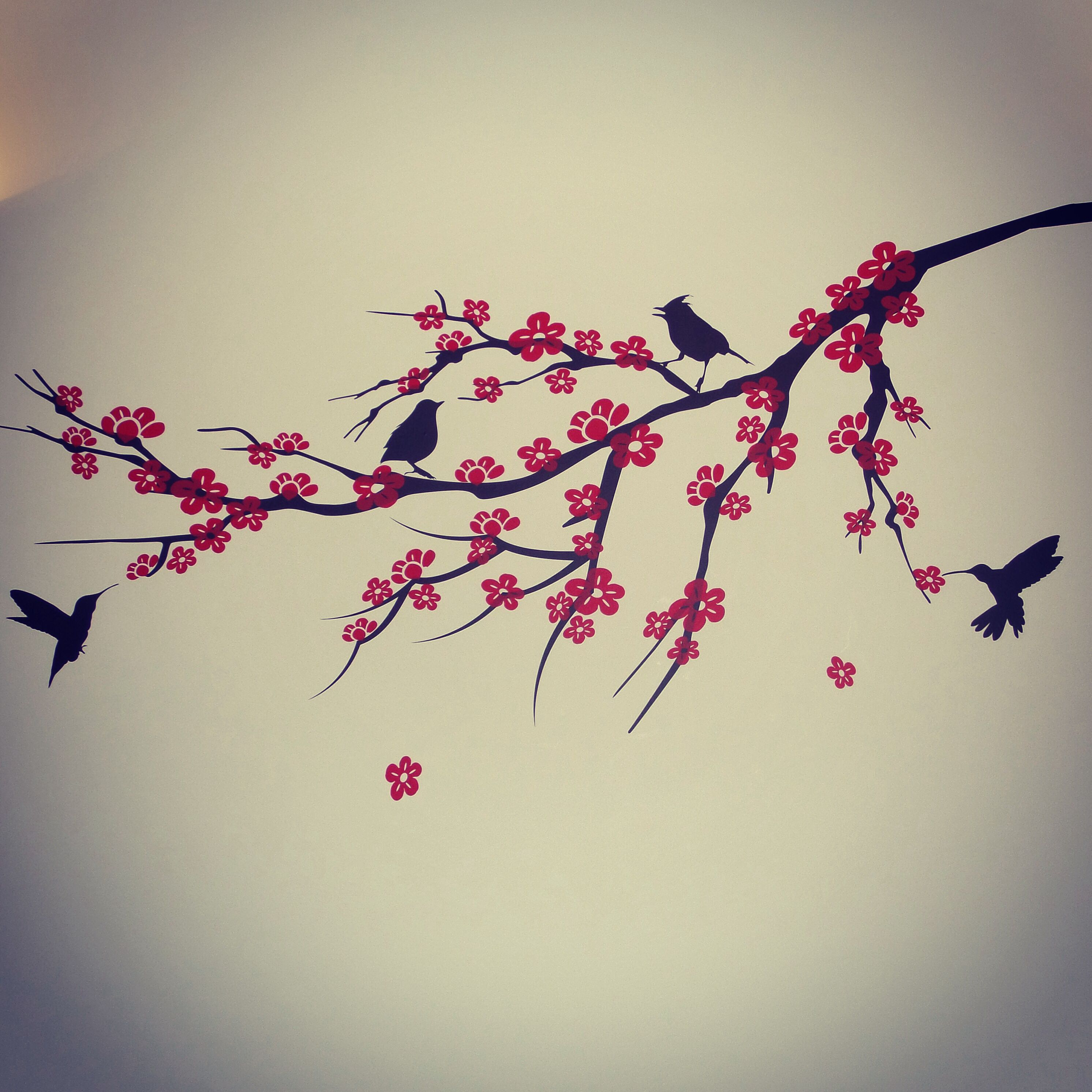 Sakura Cherry Blossom Black Red Bird Tree Branch Wall Decal with regard to dimensions 2984 X 2984