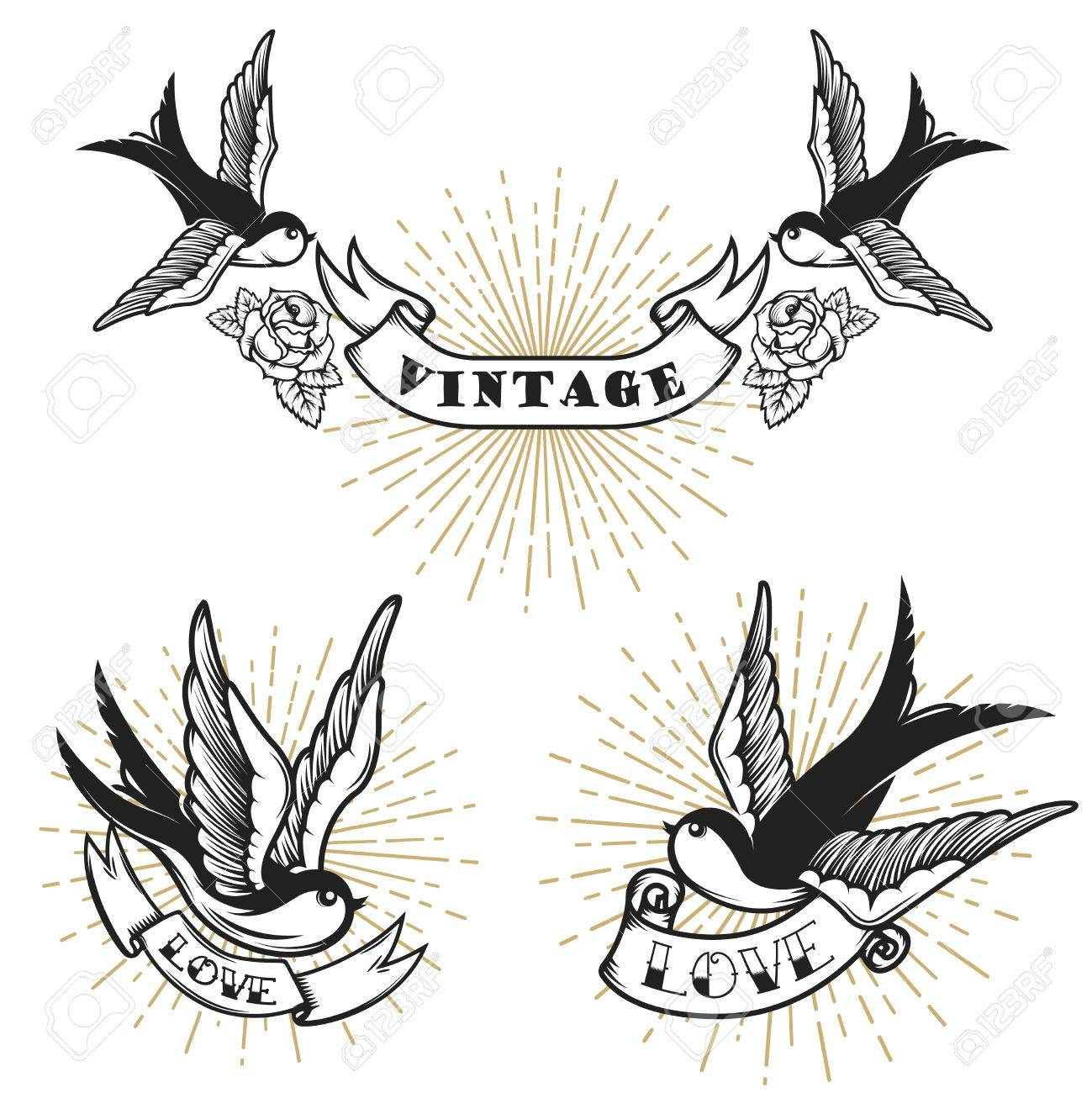 Set Of Retro Style Tattoo With Swallow Bird Design Elements with size 1299 X 1300