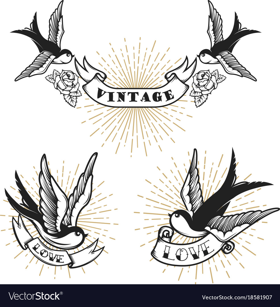 Set Of Retro Style Tattoo With Swallow Bird Vector Image inside size 985 X 1080