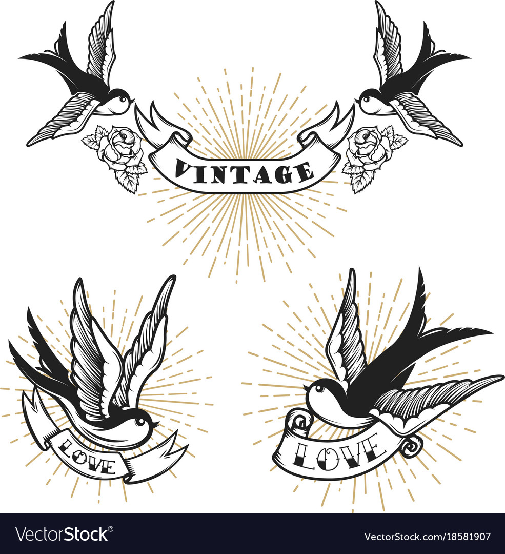 Set Of Retro Style Tattoo With Swallow Bird Vector Image intended for proportions 985 X 1080