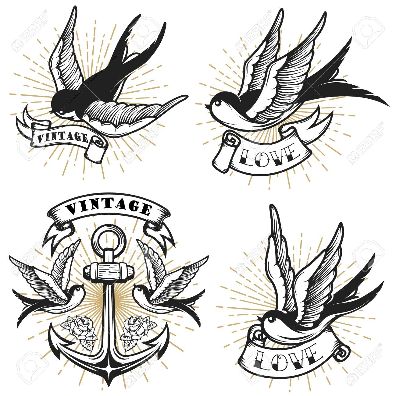 Set Of Vintage Style Tattoo With Swallow Birds Anchor Isolated for measurements 1299 X 1300