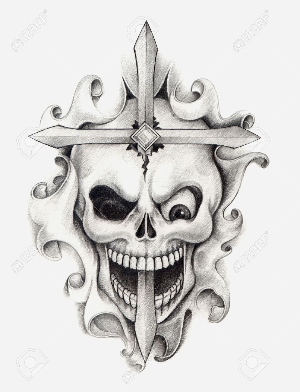 Skull Cross Tattoo Hand Drawing On Paper Stock Photo Picture And throughout measurements 995 X 1300