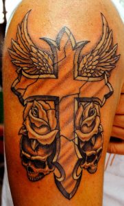 Skull Rose And Wings Cross Tattoo On Half Sleeve Tattoos Cross pertaining to size 966 X 1600