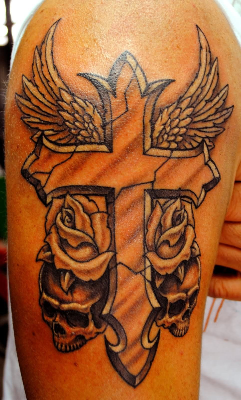 Skull Rose And Wings Cross Tattoo On Half Sleeve Tattoos Cross regarding sizing 966 X 1600