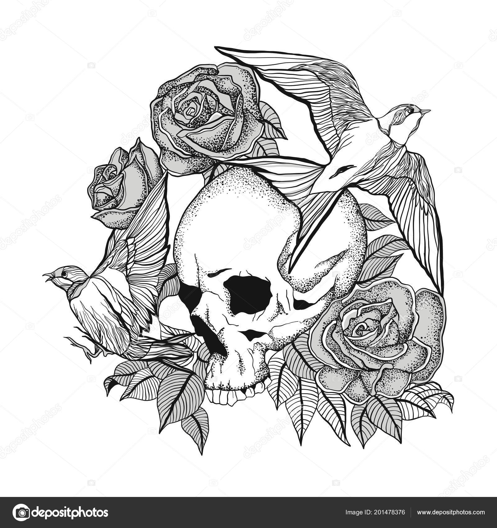 Skull Tattoo Tattoo Skull Roses Birds Stock Vector Miklovash pertaining to dimensions 1600 X 1700