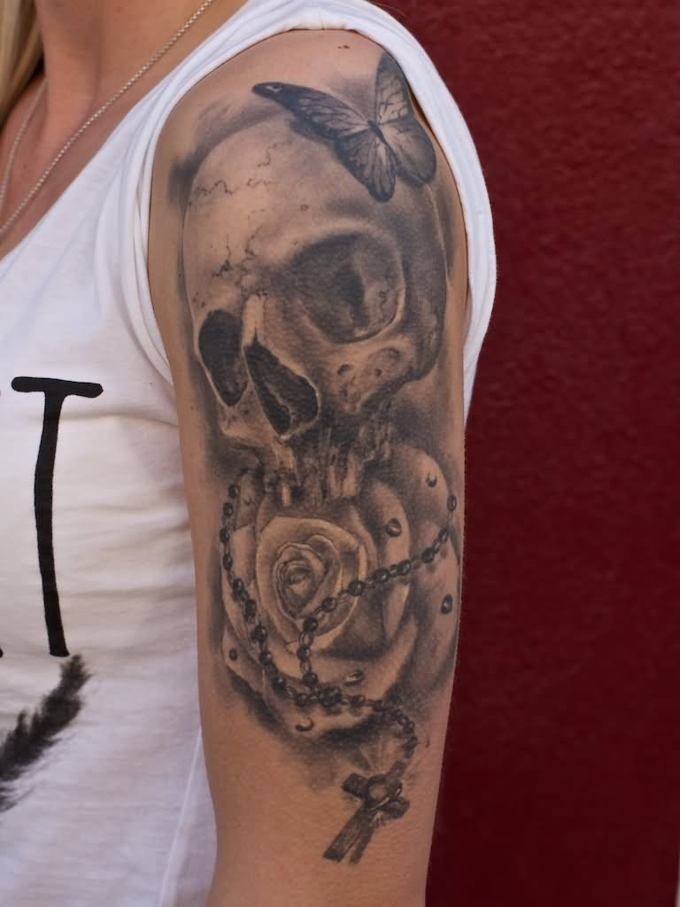 Skull With Rose Cross Tattoo On Sleeve in size 768 X 1024