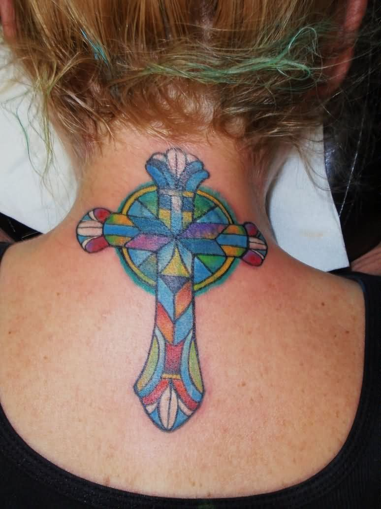 Stained Glass Cross Tattoo On Girl Upper Back in sizing 774 X 1032