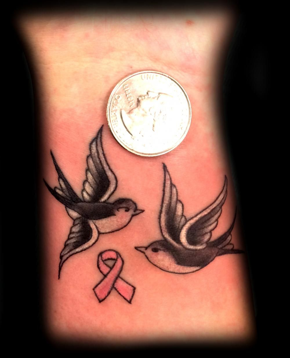 Swallow Bird Tattoo In Black And Grey With Cancer Ribbon In Pink with regard to size 1000 X 1233