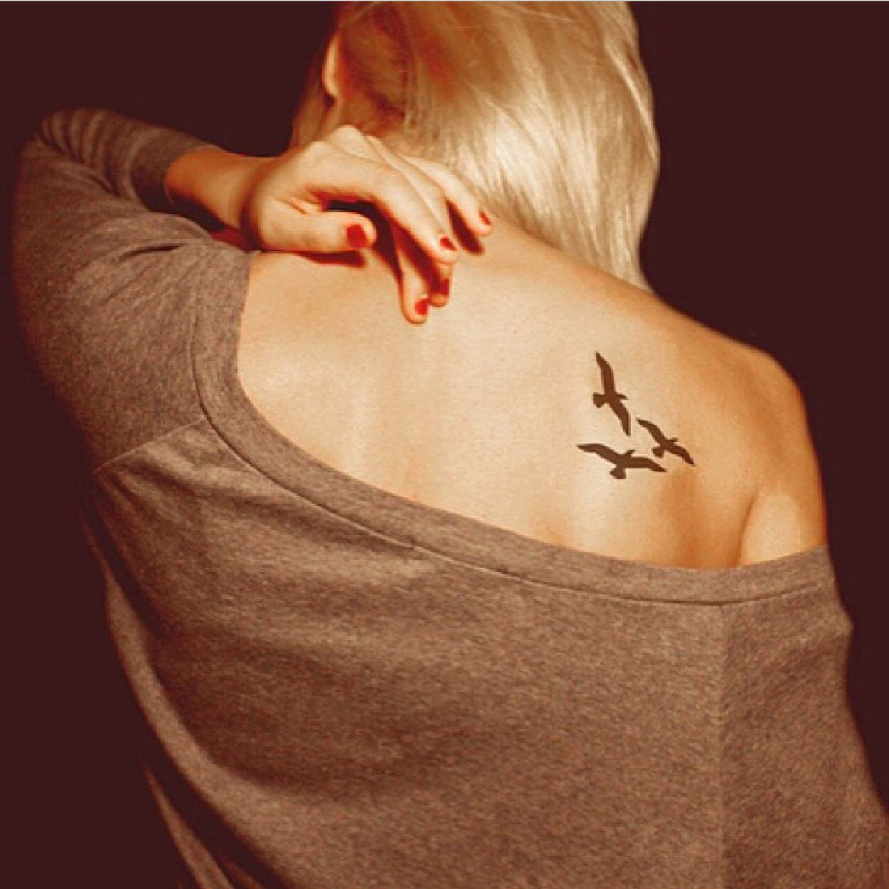 Three Black Little Bird Tattoo On Girl Back Shoulder regarding size 1252 X 1252