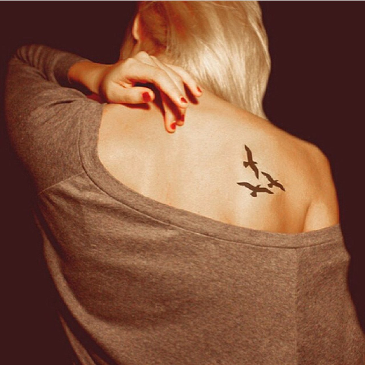 Three Black Little Bird Tattoo On Girl Back Shoulder with regard to proportions 1252 X 1252