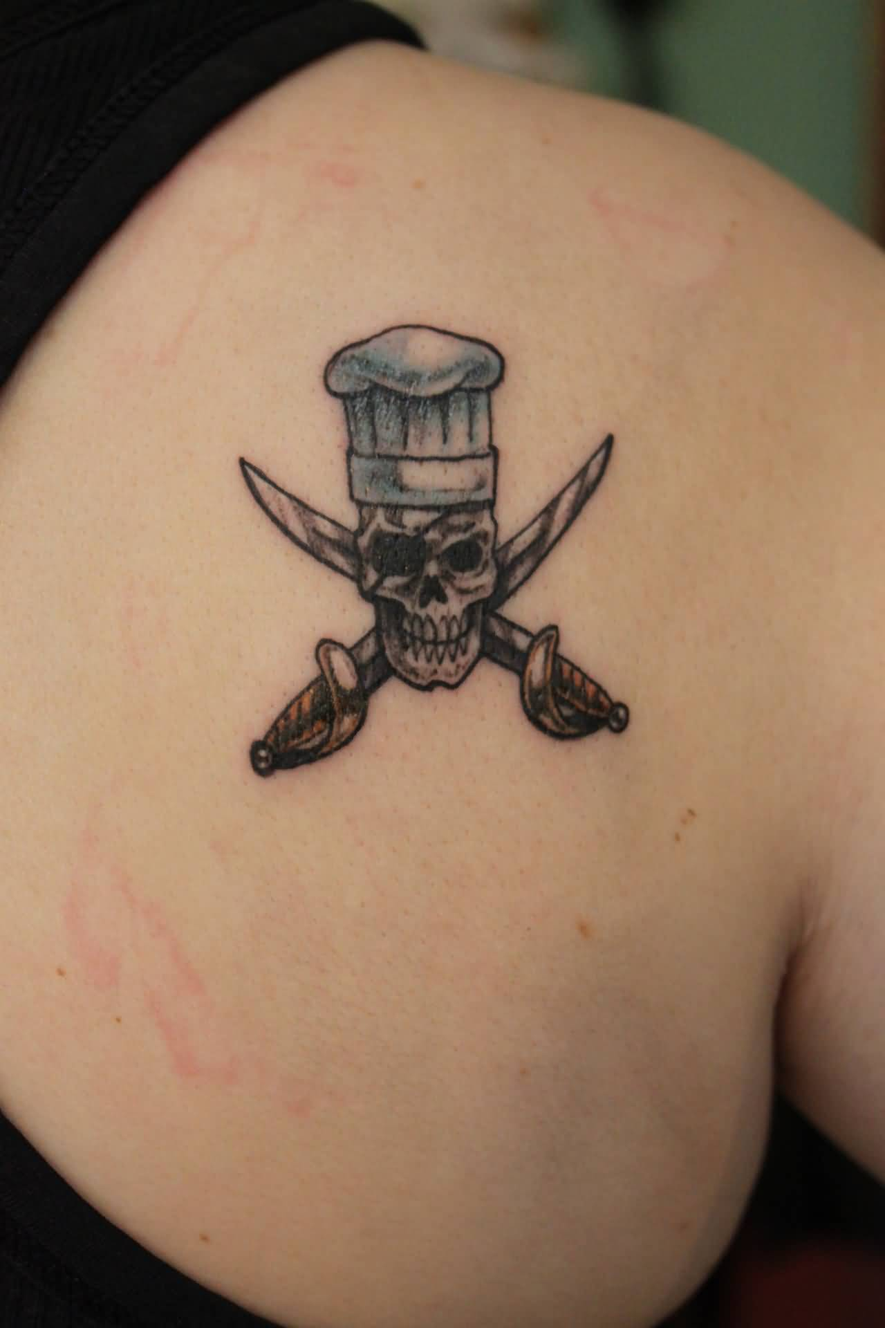 Tiny Chef Skull With Crossed Swords Tattoo On Right Back Shoulder regarding size 1280 X 1920