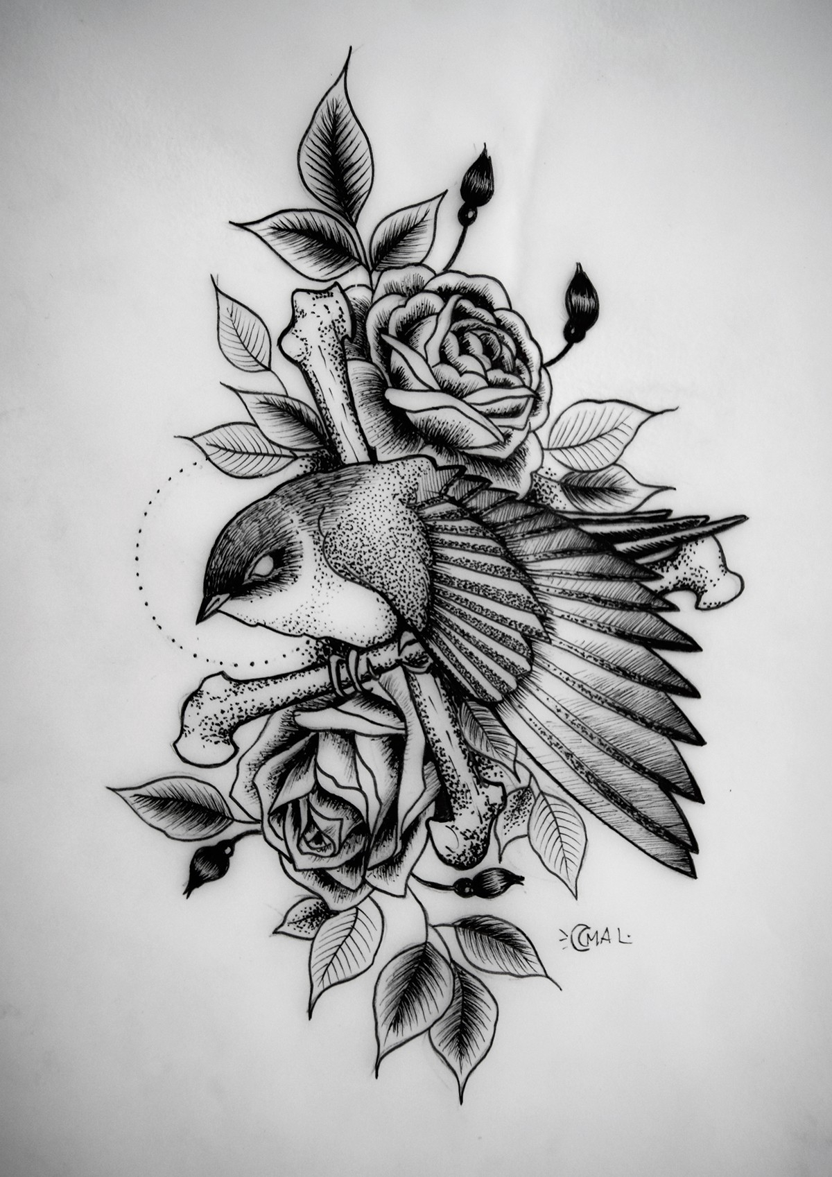 Traditional Dotwork Bird With Rose Buds Tattoo Design Tattooimagesbiz inside dimensions 1200 X 1698