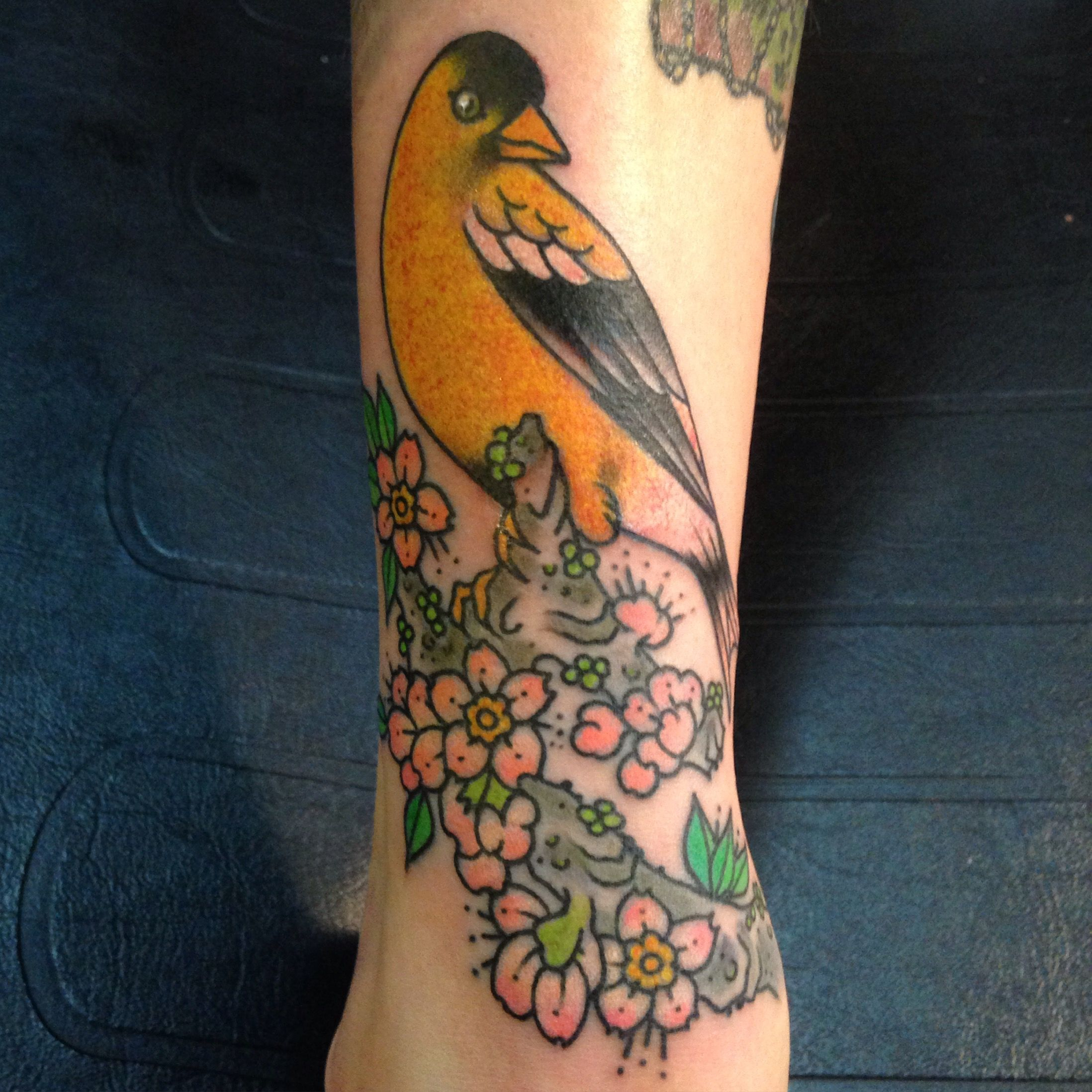 Traditional Japanese Style Goldfinch Bird On Cherry Branch Tattoo for proportions 2196 X 2196