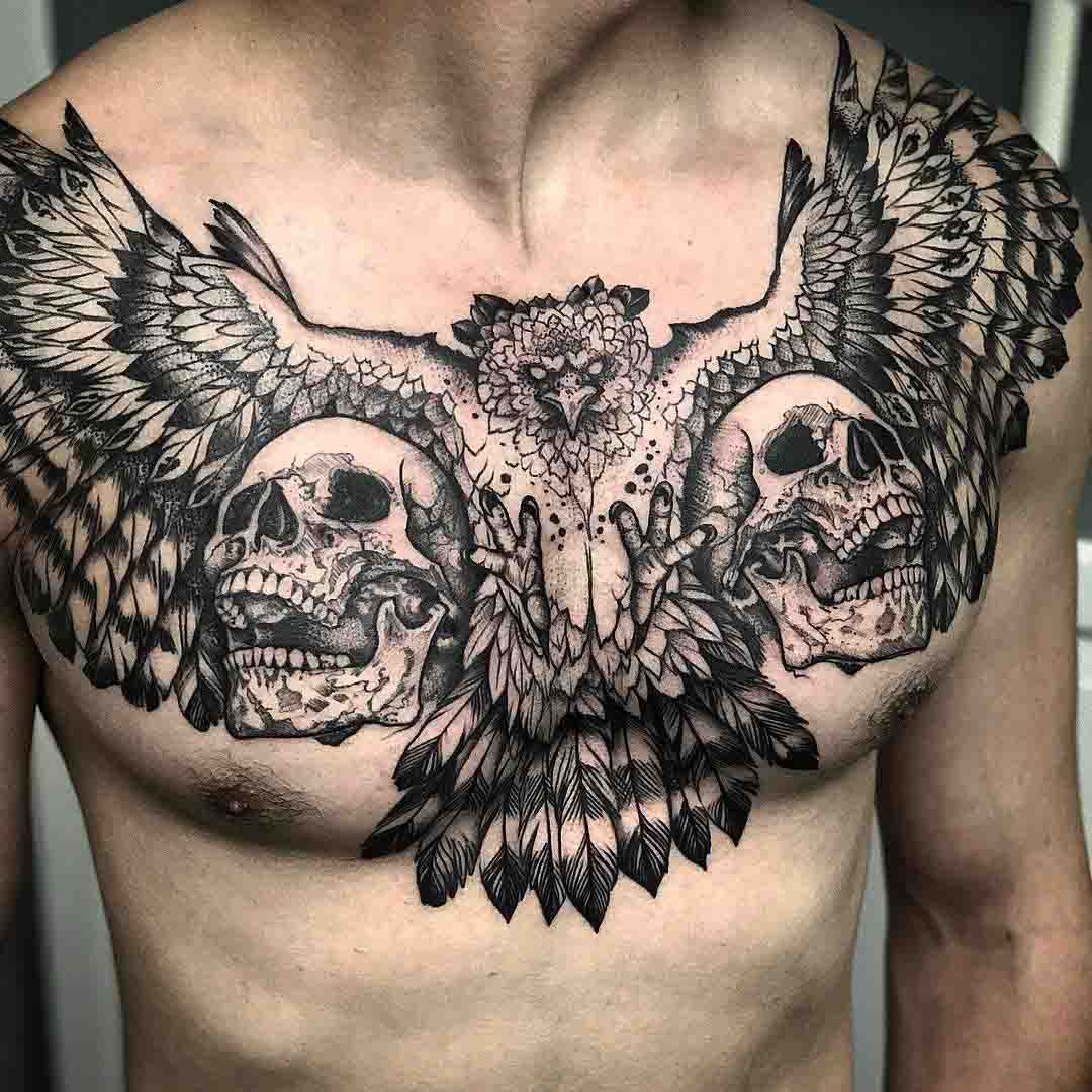Two Skulls And Bird Chest Tattoo Markings Skull Tattoos Chest for proportions 1080 X 1080