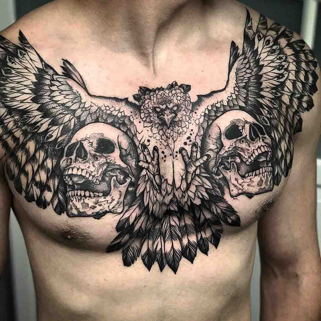 Two Skulls And Bird Chest Tattoo Markings Skull Tattoos Chest throughout proportions 1080 X 1080