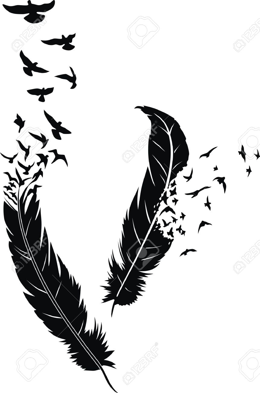 Two Stylized Feathers With Scattering Birds In The Form Of A inside size 861 X 1300